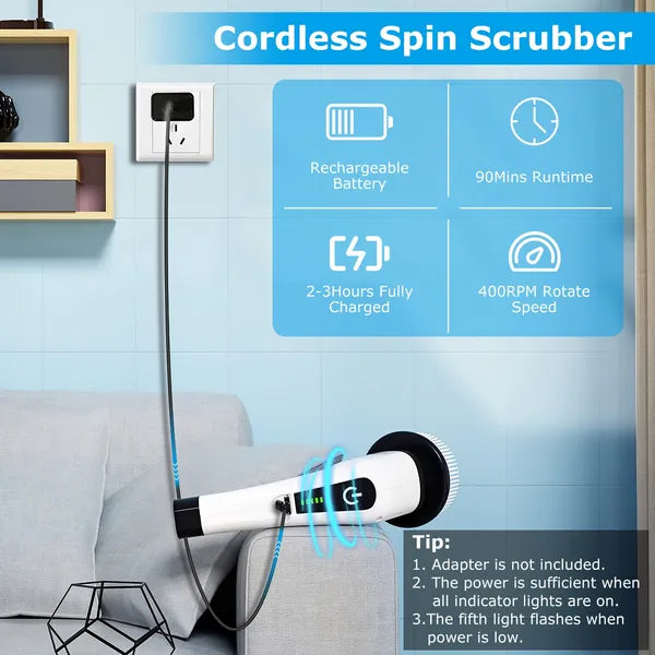 Electric Spin Scrubber Cordless Rechargeable Telescopic Cleaning Brush 8 Replaceable Heads 2 Speed Adjustable Extension Arm Bathroom Tub Tile Floor