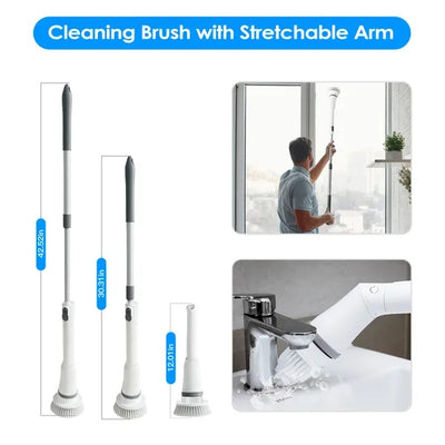 Electric Spin Scrubber Cordless Rechargeable Telescopic Cleaning Brush 6 Replaceable Heads