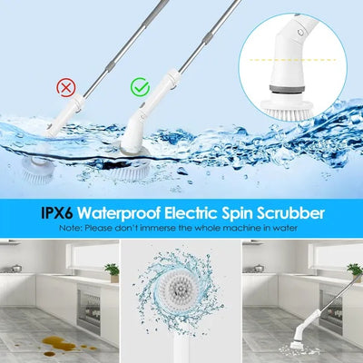 Electric Spin Scrubber Cordless Rechargeable Telescopic Cleaning Brush 6 Replaceable Heads